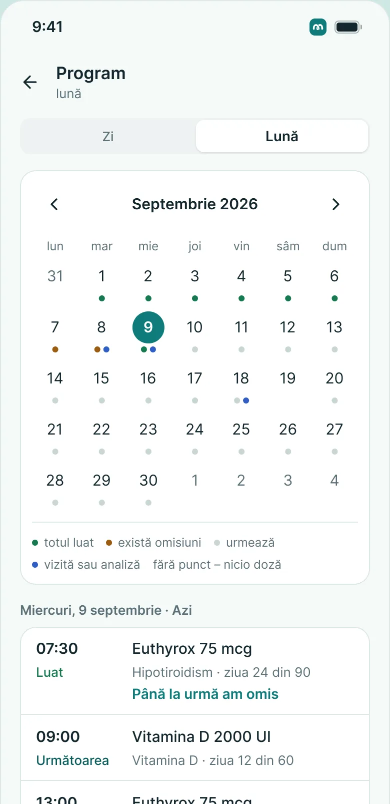Ecranul calendarului din aplicația MedKeep: luna cu starea fiecărei zile și lista zilei alese